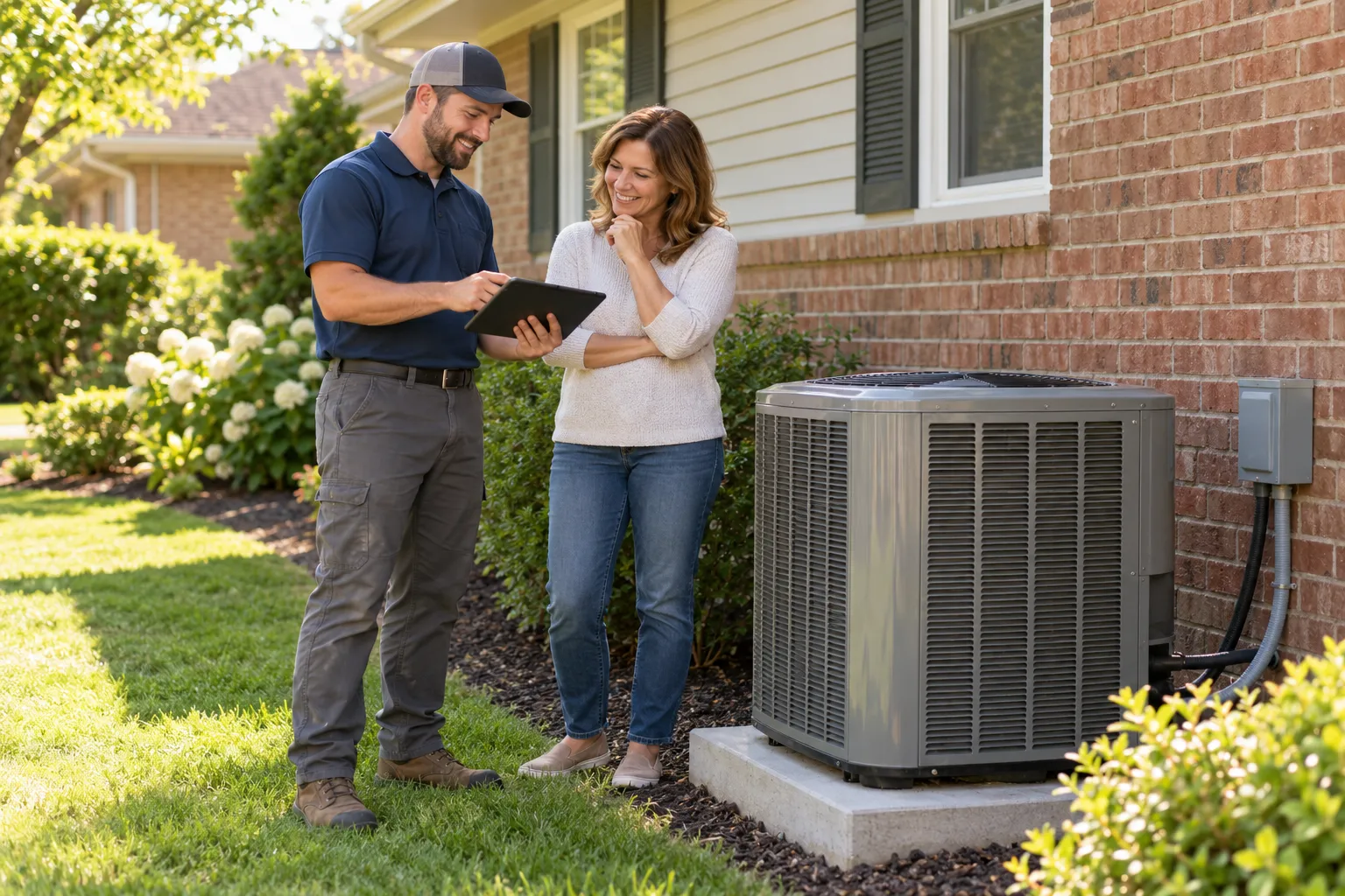 Friendly provider and homeowner reviewing a new outdoor AC unit beside a brick ranch home in Dallas