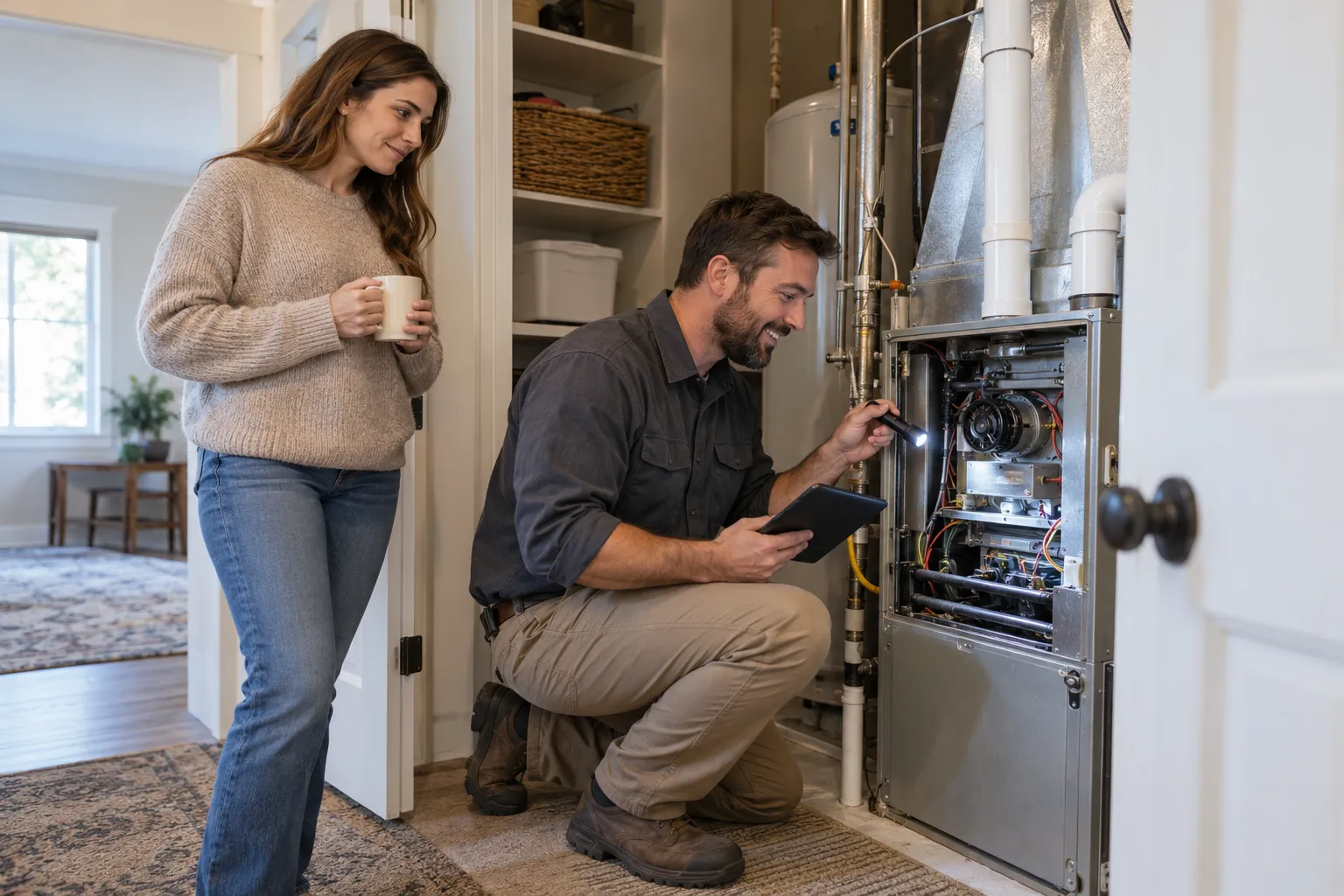 Friendly provider checking a home furnace in a closet in Dallas